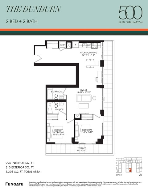 Floor plan for 2 beds, 2 baths, 995 sqft